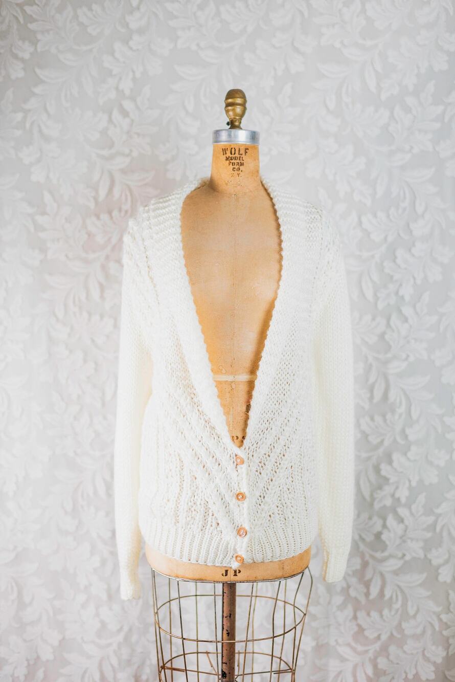 Vintage 80s Cardigan Cream Cable Knit Cottage Oversized Fisherman Sweater, LG